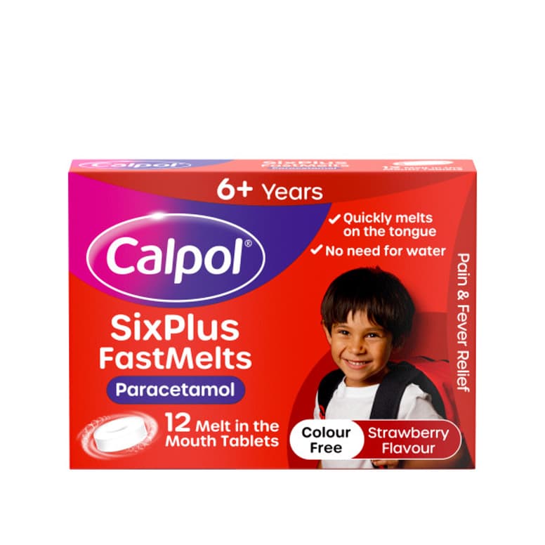 Calpol Sixplus Fastmelts Paracetamol 12 Melts In Mouth Tab Colour Free / Strawberry Flavour